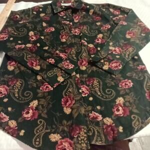 Lemon Grass Women Corduroy Button Up Shirt Sm. Green Floral Cottage Boho